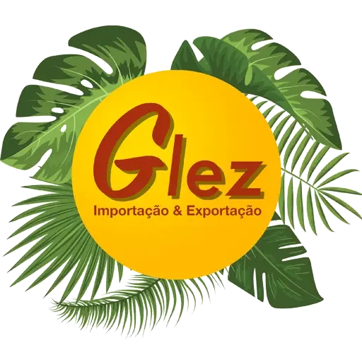 Icône ronde de couleur jaune sur des feuilles de yuka de couleur verte. À l'intérieur se trouve le mot Glez | Importação & Exportação. En cliquant, on est redirigé vers la page d'accueil.
